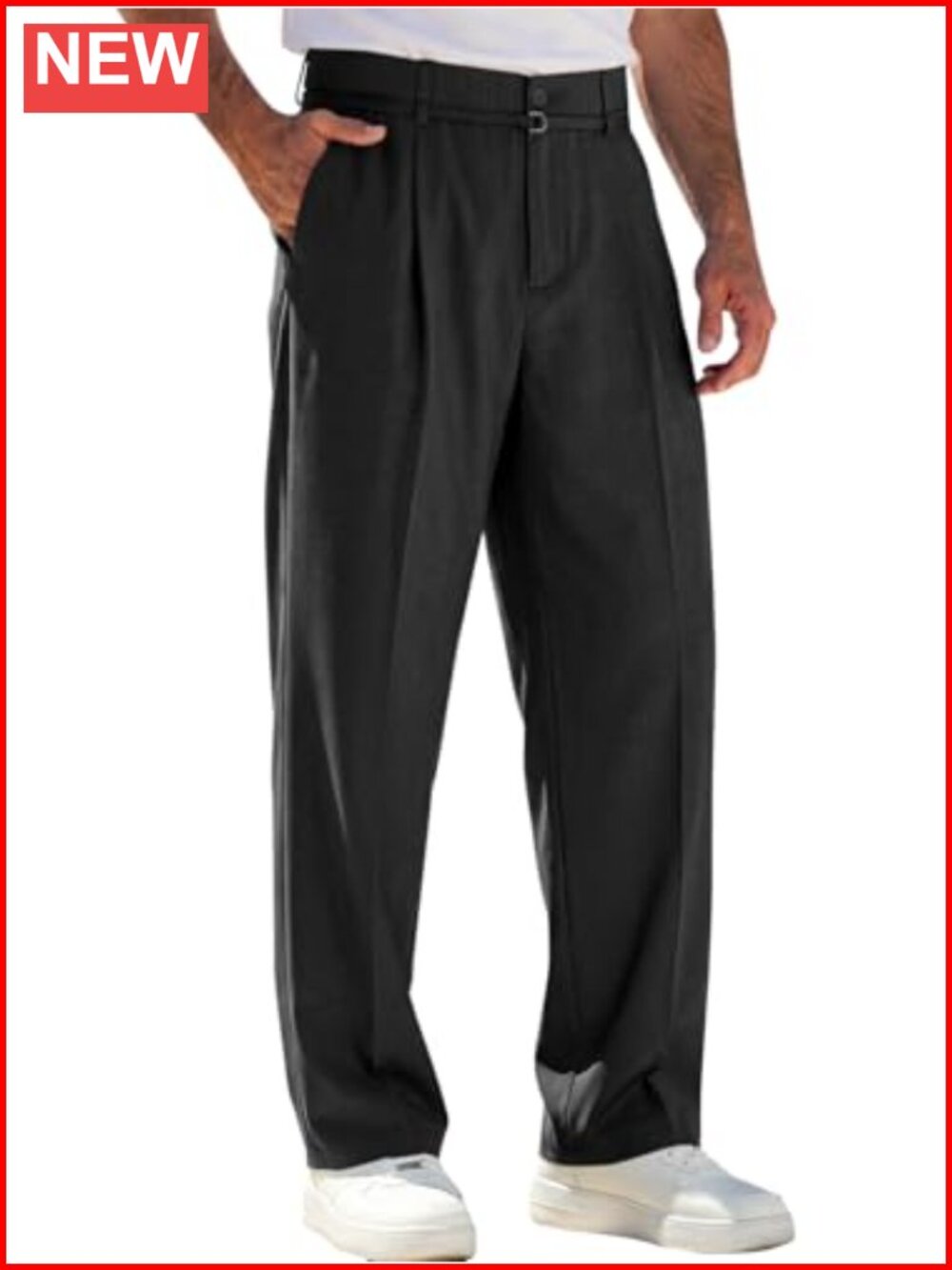 Mens Casual Dress Pants Elastic Waist Pleated Baggy Wide Leg Slacks